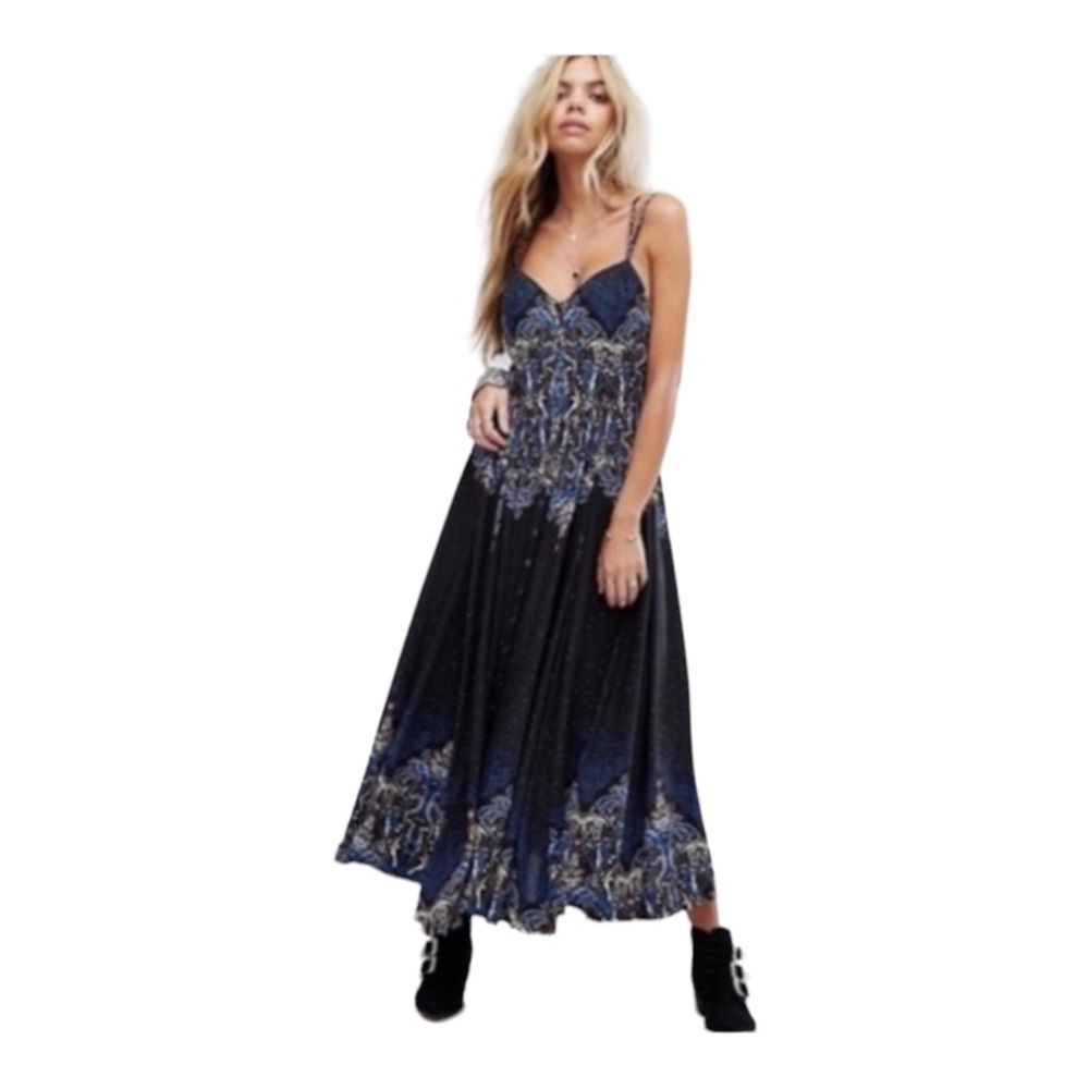 FREE PEOPLE Black Blue Boho Printed Sleeveless Button Front Maxi Dress Small - Picture 11 of 16